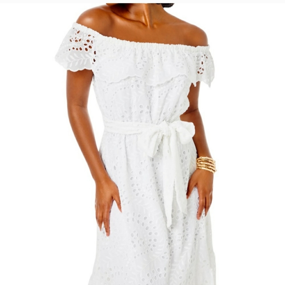Nwt Medium Lilly.Pulizer  Dress- Geri Off-The-Shoulder -Swirly Fern Scalloped - Picture 2 of 9